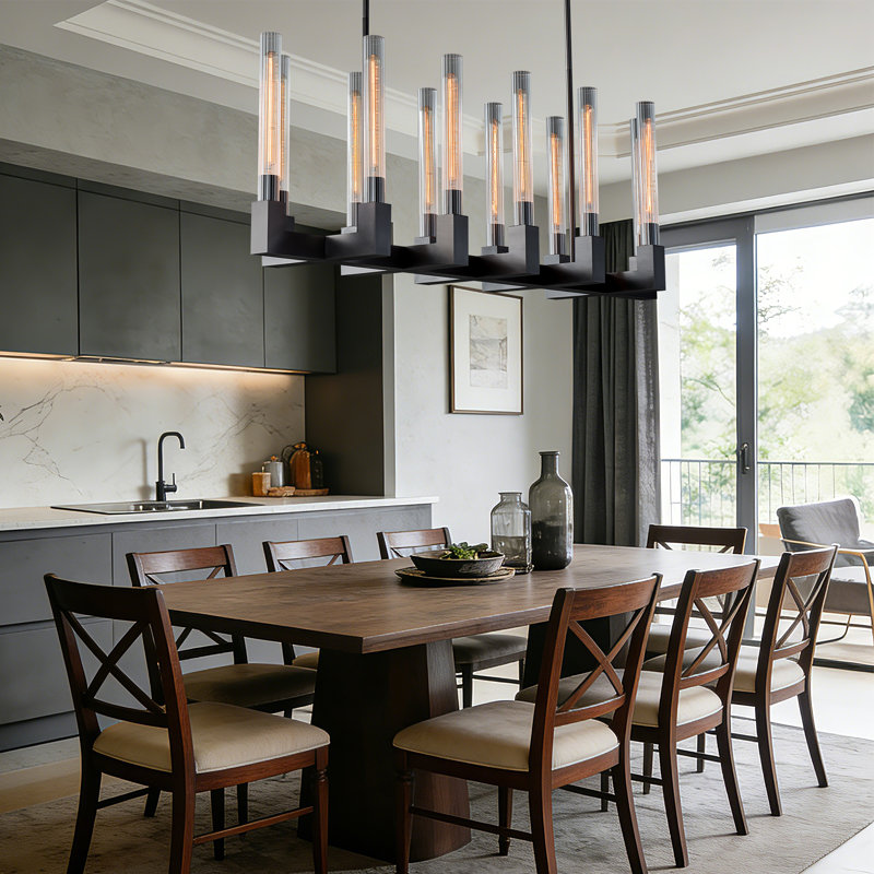 Lustre rectangulaire noir 55 pouces, îlot de luxe en verre 12 lumières, tige réglable de 71 pouces, 71" H x 55" W x 13" D