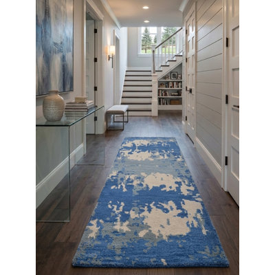 Bleu | Tapis de couloir beige en laine beige fait à la main