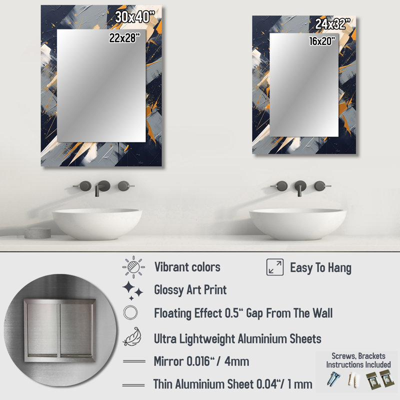 Gold and Grey Abstractions IV - Abstract Shapes Large Mirror, Modern Unique Wall Mirror Decor, Printed Metal Art, 32" x 24"