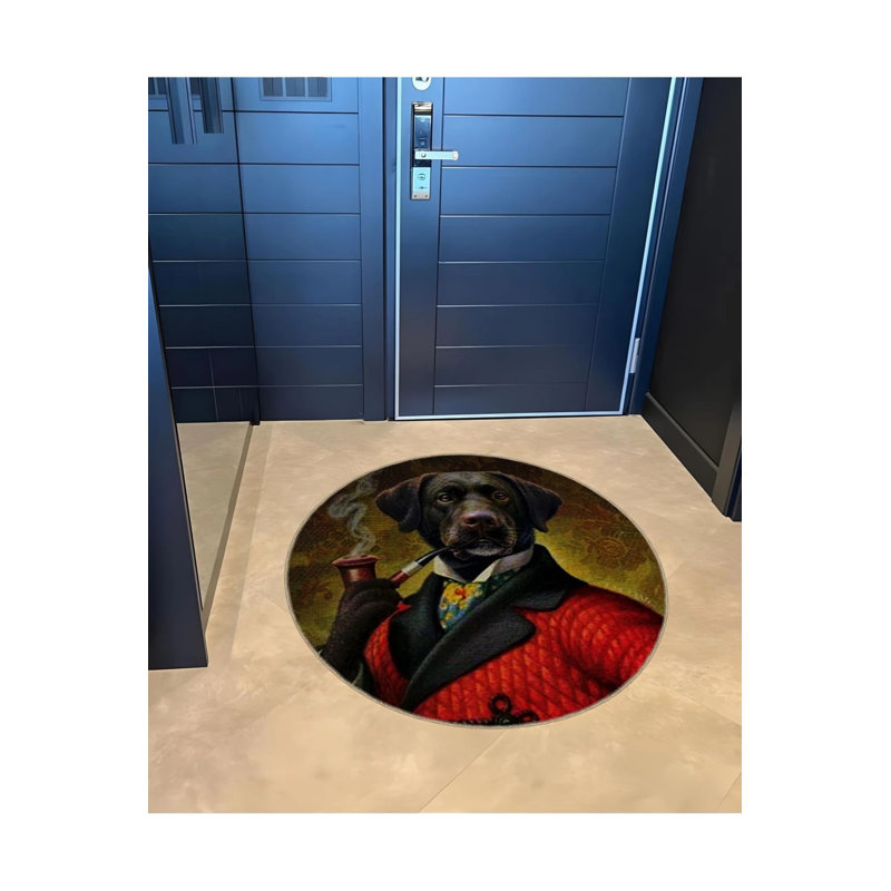 Surrealist Theme Suited Dog Patterned Round Woven Base Modern Decorative Carpet, Round 2'8"