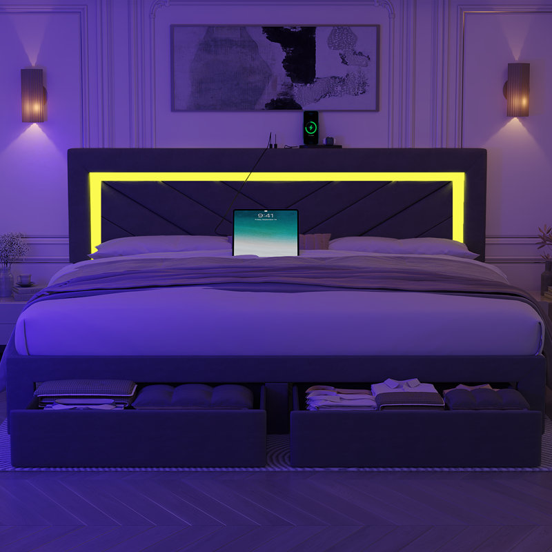 Upholstered Bed Frame with Adjustable Charged LED Headboard and Storage Drawers, Queen, Gray