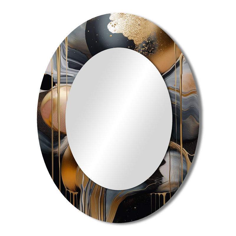Or et noir marbré Euphoria V - miroir décoratif ovale abstrait sur métal, 43 po x 33 po