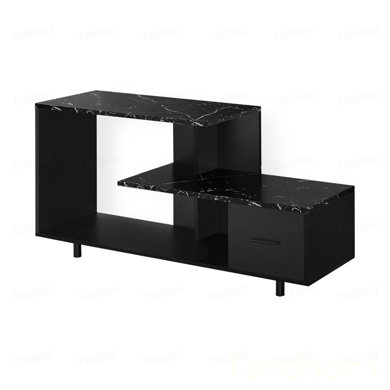 Meuble télé, console, meuble multimédia, tiroir de rangement, salon, stratifié en marbre, Noir