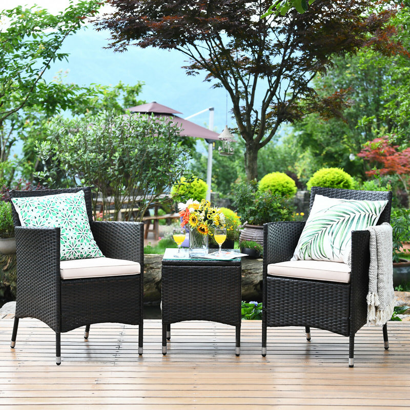 Ailith 3 Piece Rattan Seating Group with Cushions, Patio Conversation Set, Beige