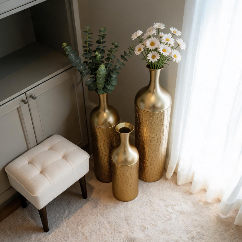 Ensemble de 3 vases cylindriques en métal doré à la feuille, 82 cm (32,3 pouces), décoration intérieure
