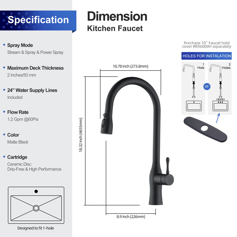 Rainlex Pull Down Kitchen Faucet, Matte Black