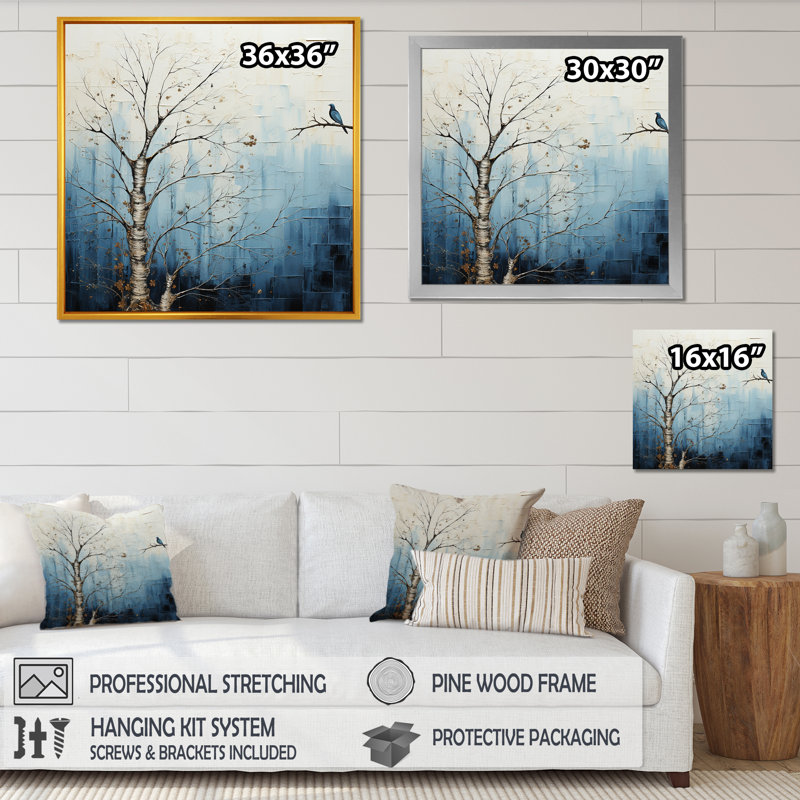 Minimalisme, arbre bleu, charme III sur toile, Cadre simple blanc, H 36 po x l 36 po x P 1,5 po