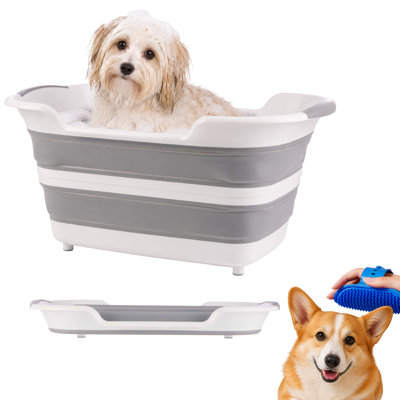 7.2 Gal/27.4L Collapsible Dog Bathtub for Small Pets - Small Dog Bath Tub with Quick-Drain Plug and Portable Design - Grooming Brush Included - Dog or Cat Bath Tub (White/Gray)