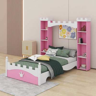 Twin Size Castle-Shaped Wooden Bed With Shelf