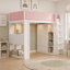 Lit mezzanine double en bois massif avec barrières de sécurité rembourrées en similicuir, armoire, tiroirs, étagères et éclairage DEL d'ambiance, blanc-60429924-60429926