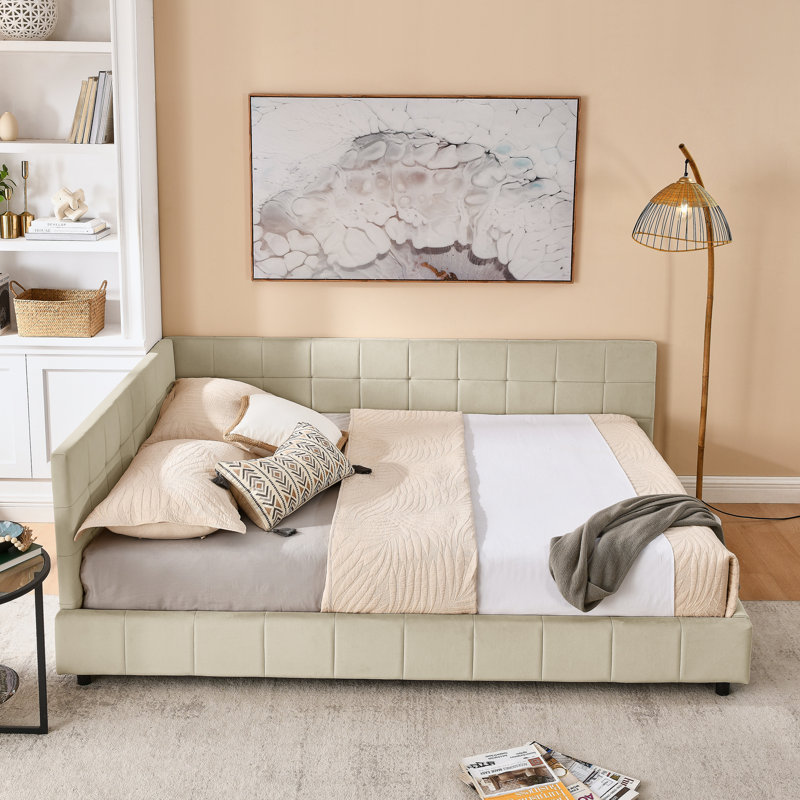 Lit de jour en L capitonné en velours , Beige crème, Complet/Double