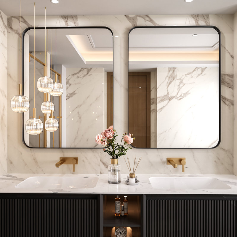 Cozy Design Tempered Glass Framed Wall-Mounted Bathroom Vanity Mirror, 30" x 40", Black, Rectangle