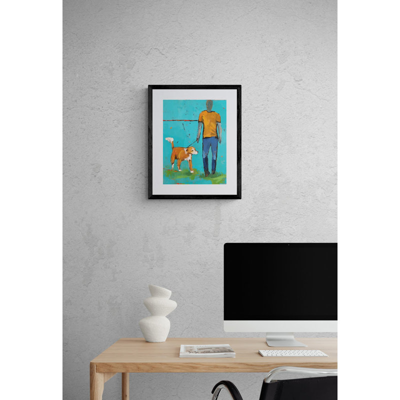 «A Man and His Dog» par Phyllis Adams - peinture encadrée, H 20 po x l 16 po