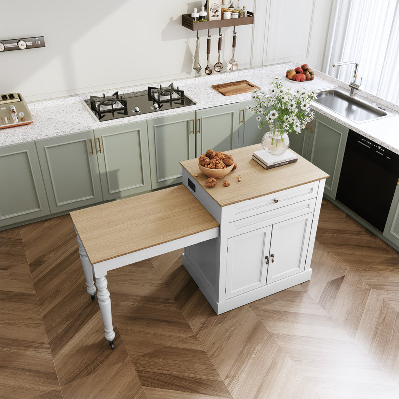 Îlot de cuisine 78,74 po en bois massif avec table de salle à manger extensible et rangement, chariot de cuisine mobile avec roues verrouillables
