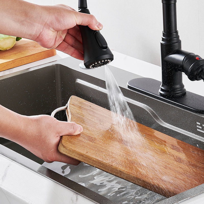 Robinet de cuisine rétractable à poignée simple avec plaque de pont, Noir mat