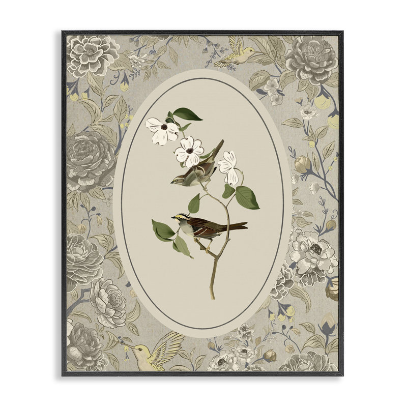 «Bird & Toile in Neutrals», estampe numérique, design par Radhika Modi, H 20 po x l 16 po, Giclée encadrée noir minuit