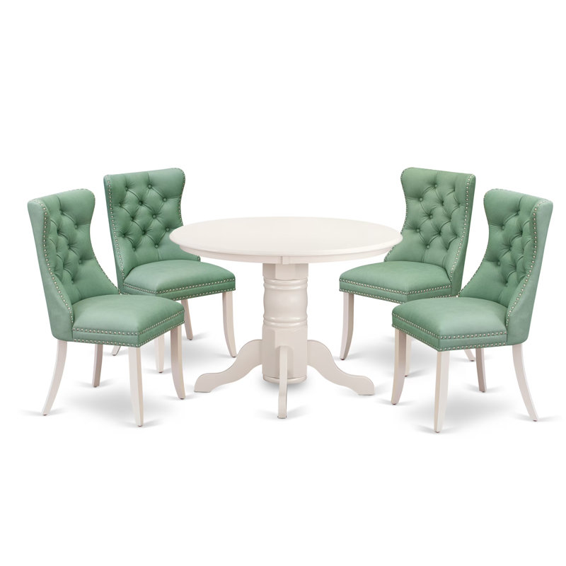 L'ensemble de cuisine 5 pièces comprend une table ronde avec piédestal et 4 chaises rembourrées Parson, Green/White