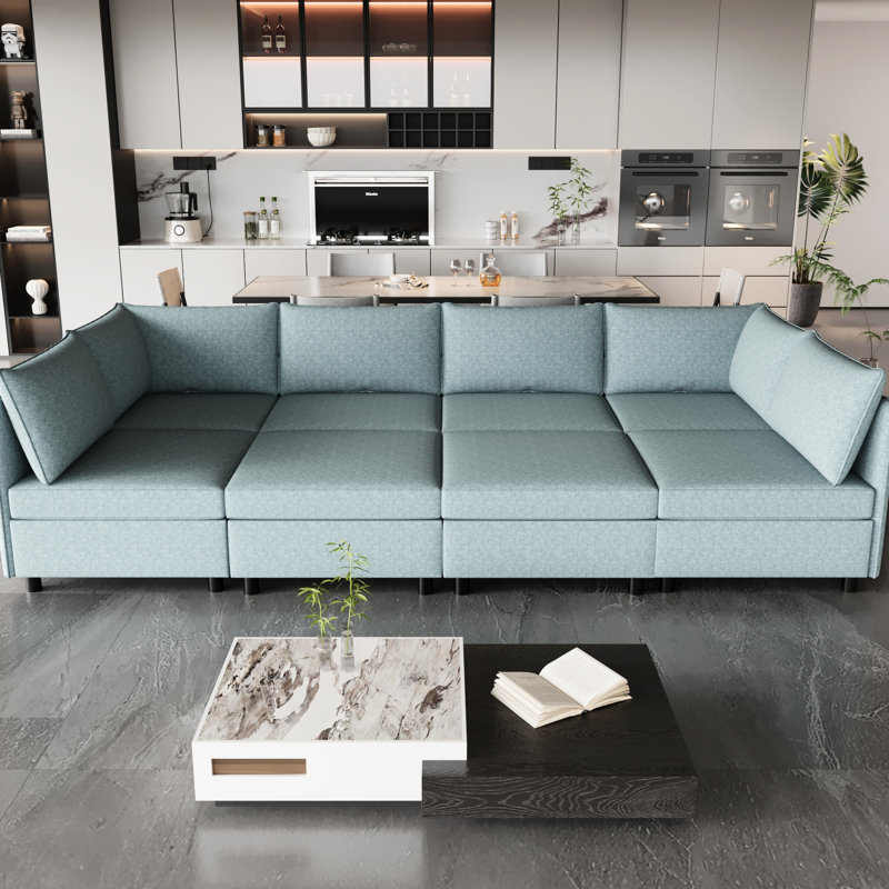 Convertible avec canapé-lit et capacité de rangement, tissu chenille bleu antique, 8, 129 po Profondeur, 124 po Largeur, 32 po Hauteur de rangement, bleu, profond, large, haut