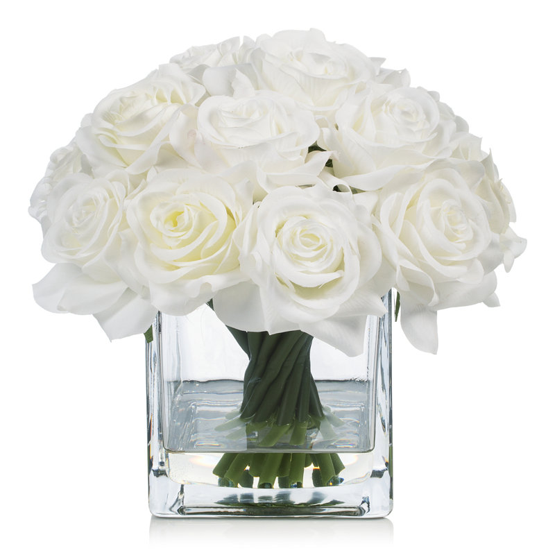 Silk Rose Arrangement in Vase, White