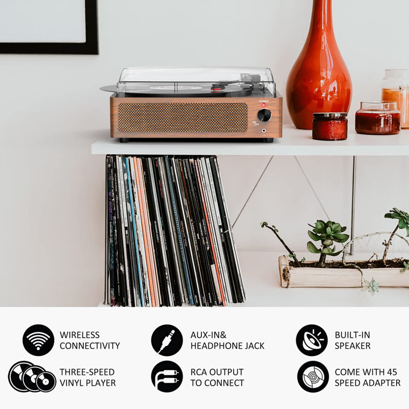 Vintage Brown Belt-Driven Turntable with Built-in Speakers