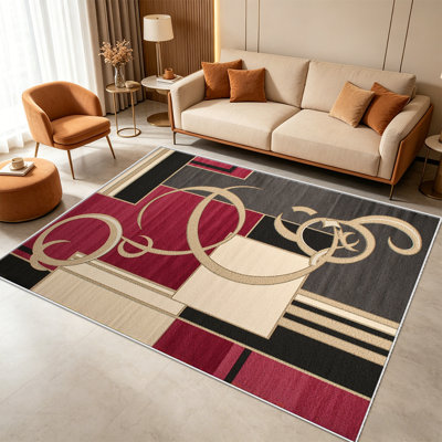 Tapis 1 tour bourgogne doré tourbillonnant, élégant tapis polyvalent décoratif, facile à nettoyer et à entretenir, meuble idéal pour la chambre à coucher, le salon, le couloir, le vestibule, le dortoir et le bureau afin de rafraîchir l'ambiance intérieure de votre maison