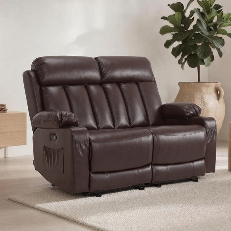 Electric Reclining Loveseat Sofa with Heat and Massage, Cup Holders & USB Charge Port, Faux Leather, Dark Brown