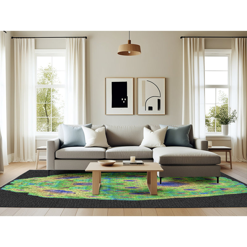 Tapis vert/bleu/noir de zone à motifs, Rectangle 6 pi x 9 pi