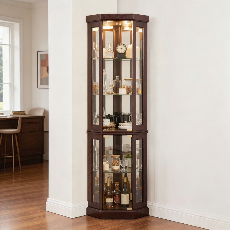 Vitrine de coin en cerisier foncé, vitrine en verre pour objets de collection, verre à vin et à bar, Walnut
