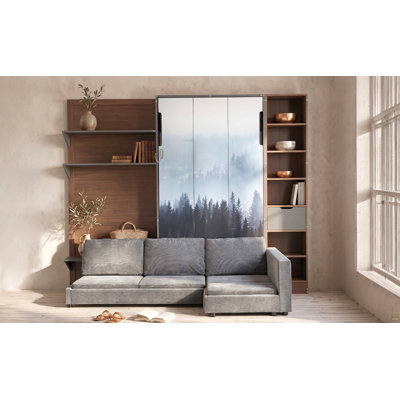Twin Murphy Bed with Storage Cabinet, Open Shelving & USB Port, Large Sofa Front, Mountain Landscape Printed Panel, Space-Saving Wall Bed for Bedroom, Guest Room & Apartment-Grey