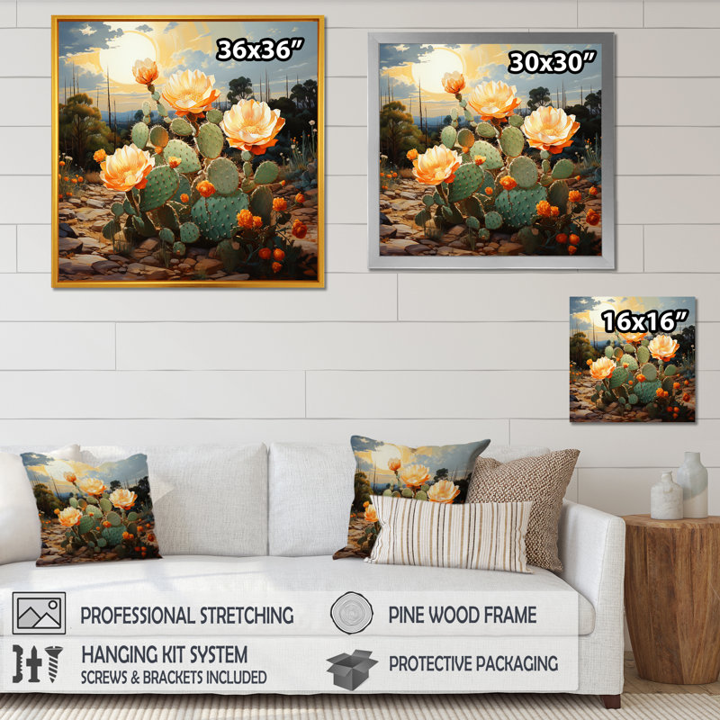 Cactus floral coucher de soleil désert à Salvador - art mural désert, Toile tendue, H 30 po x l 30 po