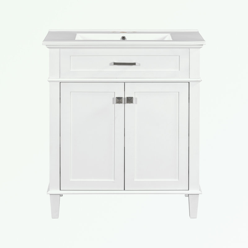 meuble-lavabo avec lavabo en céramique, porte à fermeture douce et tablettes réglables, Blanc / Blanc