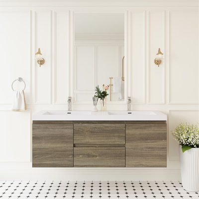 Meuble-lavabo flottant 60 po, deux lavabos, mural, gris cendré, tiroirs à fermeture en douceur, style minimaliste moderne, plateau à surface solide monté d'organisation fonctionnelle, résine, eau, installation rapide