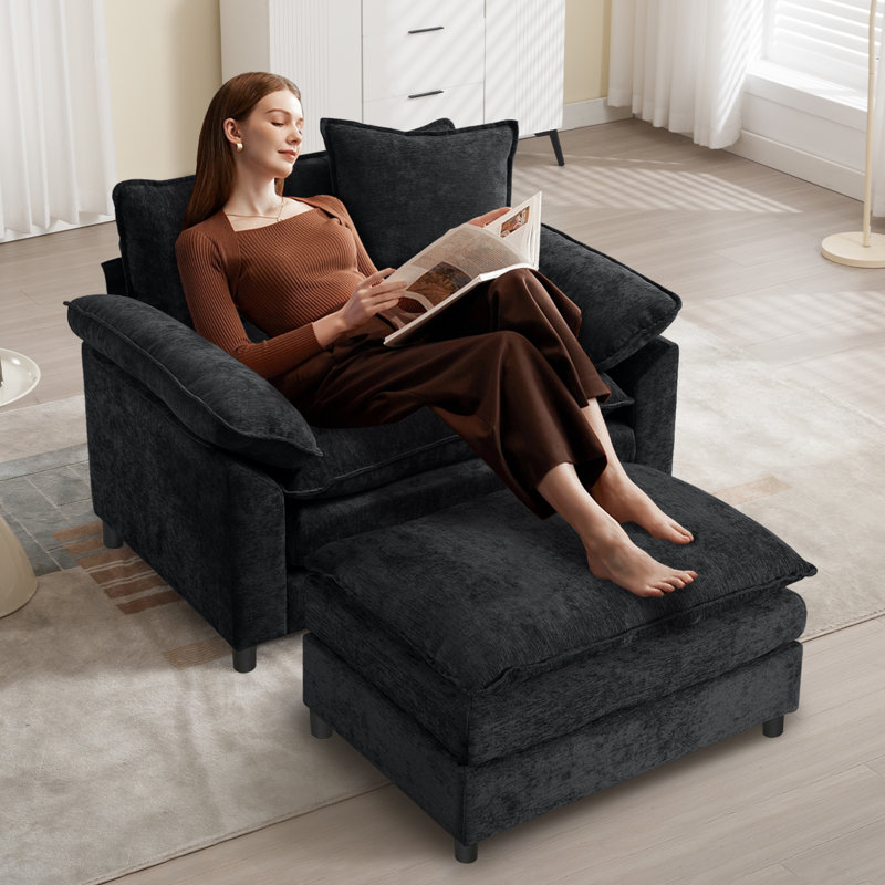 Chenille Oversized Accent Armchair With Ottoman, Black Chenille