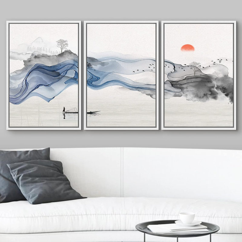 Peinture de paysage chinois - Décoration murale de salon de chambre à coucher, Cadre flottant blanc, H 36 po x l 72 po