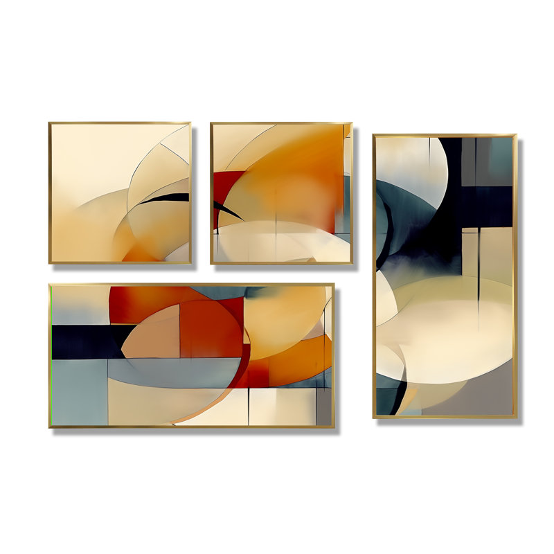 Exploration de motifs abstraits I - art mural géométrique abstrait 4 pièces, Impression encadrée sans passe-partout, Doré