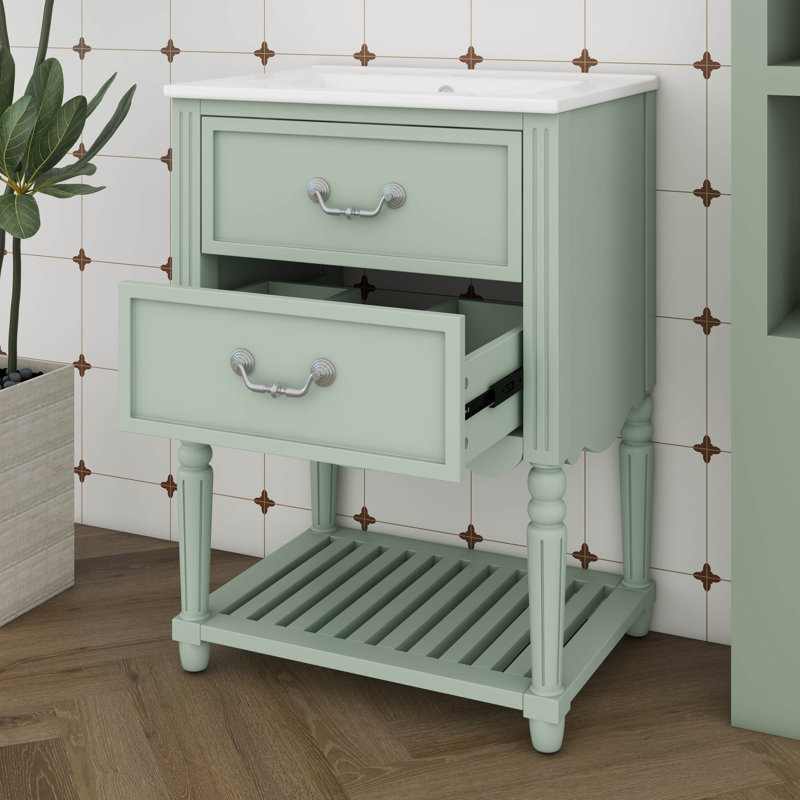 Meuble-lavabo de 24 po avec lavabo en céramique, armoire de rangement moderne avec deux tiroirs et une tablette ouverte, Vert