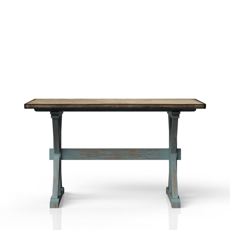 Table haute de comptoir en bois massif bleu, idéale pour les soupers décontractés.