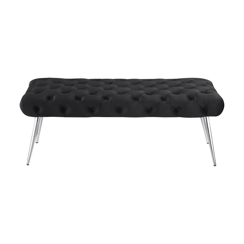 Banc en velours et en métal avec motif capitonné noir, Argent argent, Noir