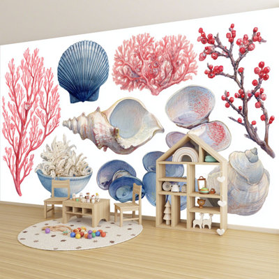 Peel and Stick Wallpaper Beach Seashell Coastal Shell Starfish Coral Conch Ocean Theme Pink Wall Murals 100"H x 144"W Removable PVC Wall Paper Self-Adhesive Wall Decor for Bedroom Living Room Home Office