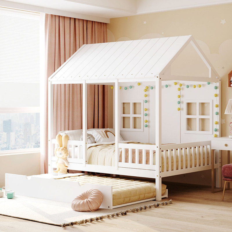 Wood House Bed With Trundle, Wooden Daybed, Full/Double