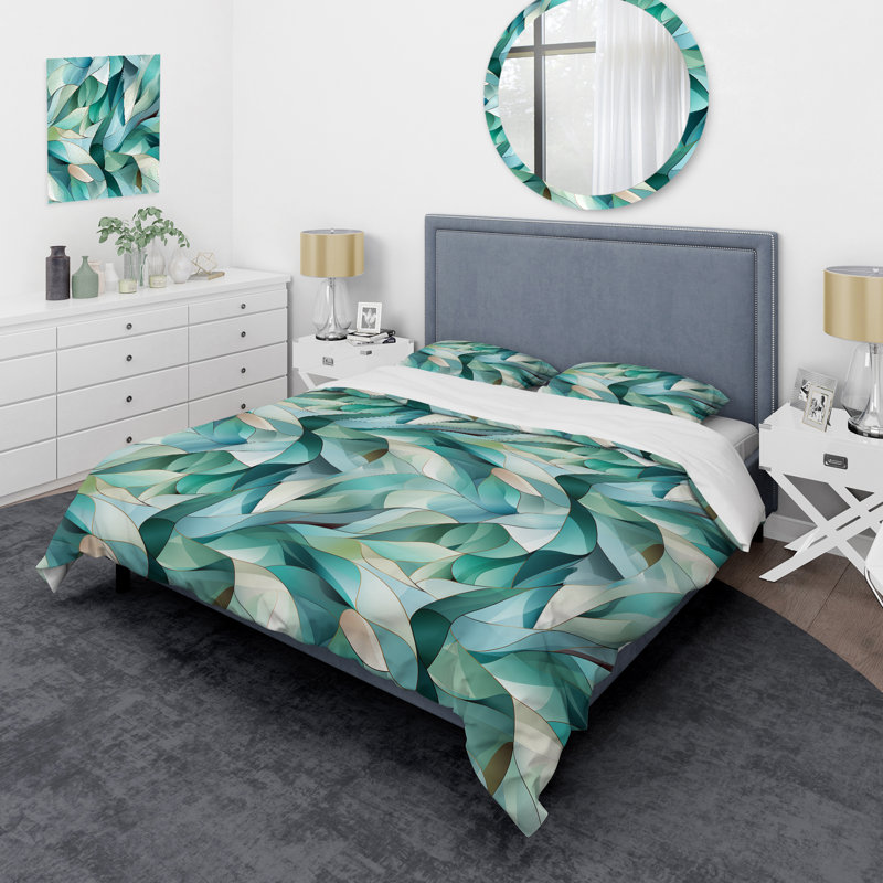 Ensemble de housse de couette à motif de bord de mer en mosaïque vert clair et motif de côtes I