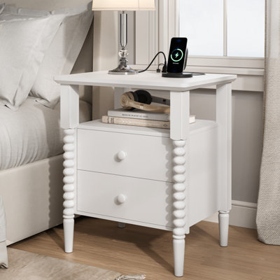 White Nightstand, Vintage Night Stand With Charging Station, Modern Bedside Table With Drawers, End Table With Solid Wood Legs, Bed Side Tables For Be