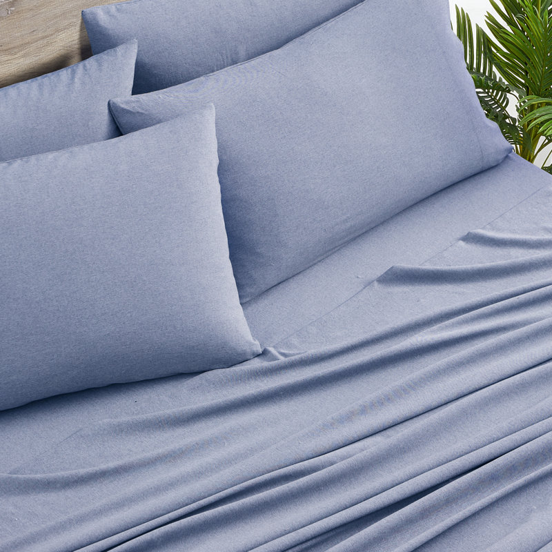 Ensemble de draps en rayonne de bambou 6 pièces Bibb Home, Ensemble de draps pour grand lit avec 4 taies d'or, Bruyère - bleu