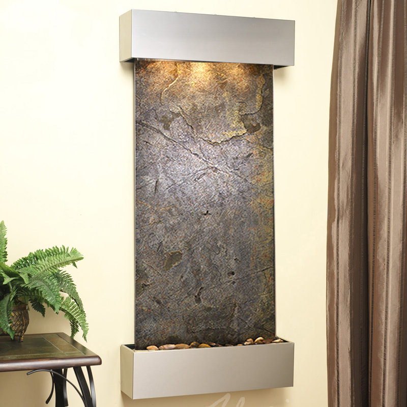 Handcrafted Indoor Natural Stone Waterfall Fountain with Lights, Blackened Copper, Green Feather