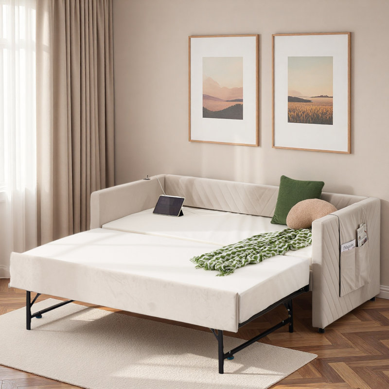 Upholstered Daybed With Trundle, Usb Port And Side Pockets, Beige