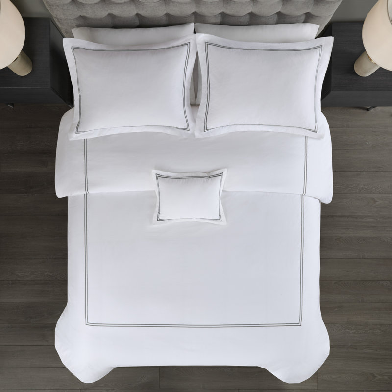 Ensemble de couette 5 pièces brodé en satin de coton 100 % luxueux, 500 fils/cm², pour lit King/Cal King., Blanc / gris