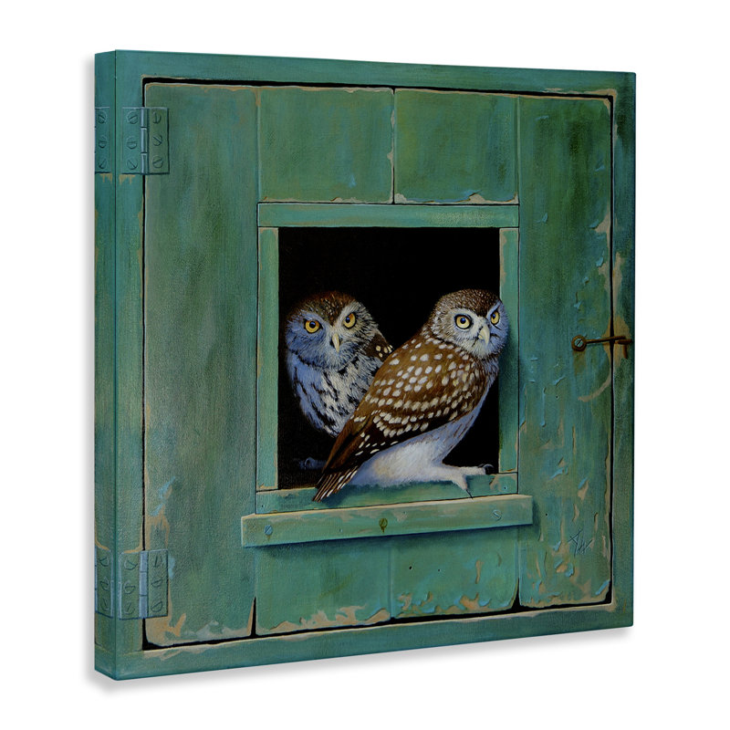 " Spotted Owls Perched Rustic Green Door Ledge " by Alan Weston, 17" H x 17" W x 1.5" D