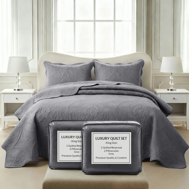 6 Pcs Floral Embossed King Bedspread Set-Lightweight Soft Microfiber Quilt Bedding With Pillow Shams, Gray