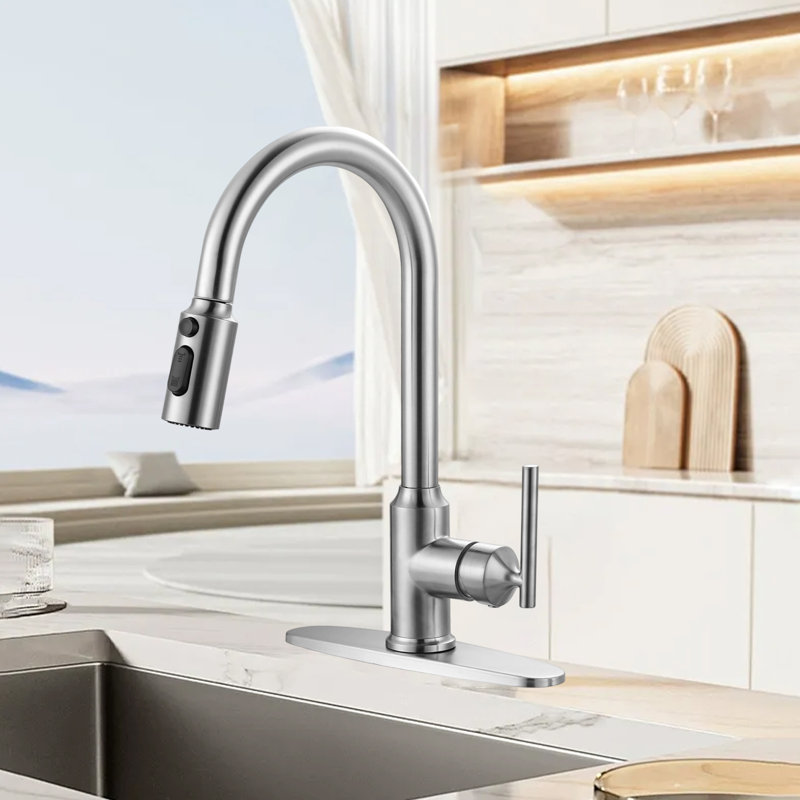 High Arc Single Handle Stainless Steel Kitchen Sink Faucet Pull Down Sprayer Faucet, 1 Or 3 Holes, Brushed Nickel