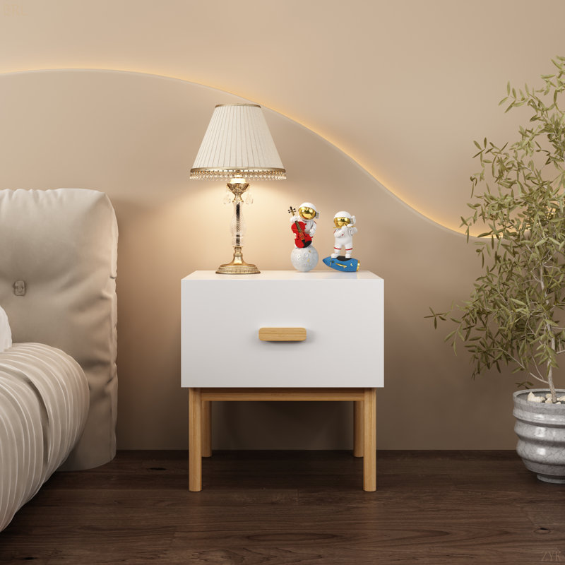 Table de chevet blanche moderne avec tiroir et pieds en bois, table de chevet minimaliste avec poignée pour chambre à coucher, salon, appartement